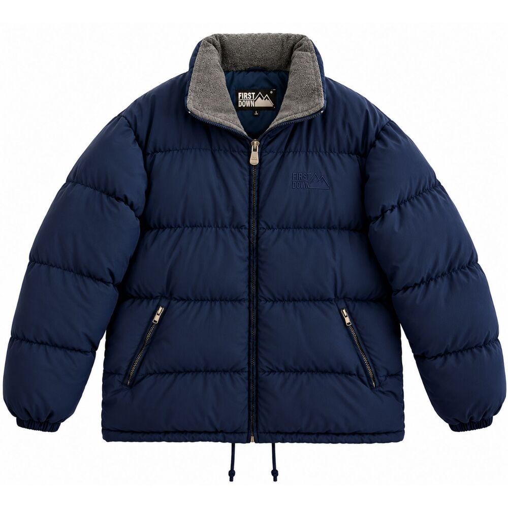 First Down Navy Duck Down Puffer Jacket Retro Winter Fleece Collar